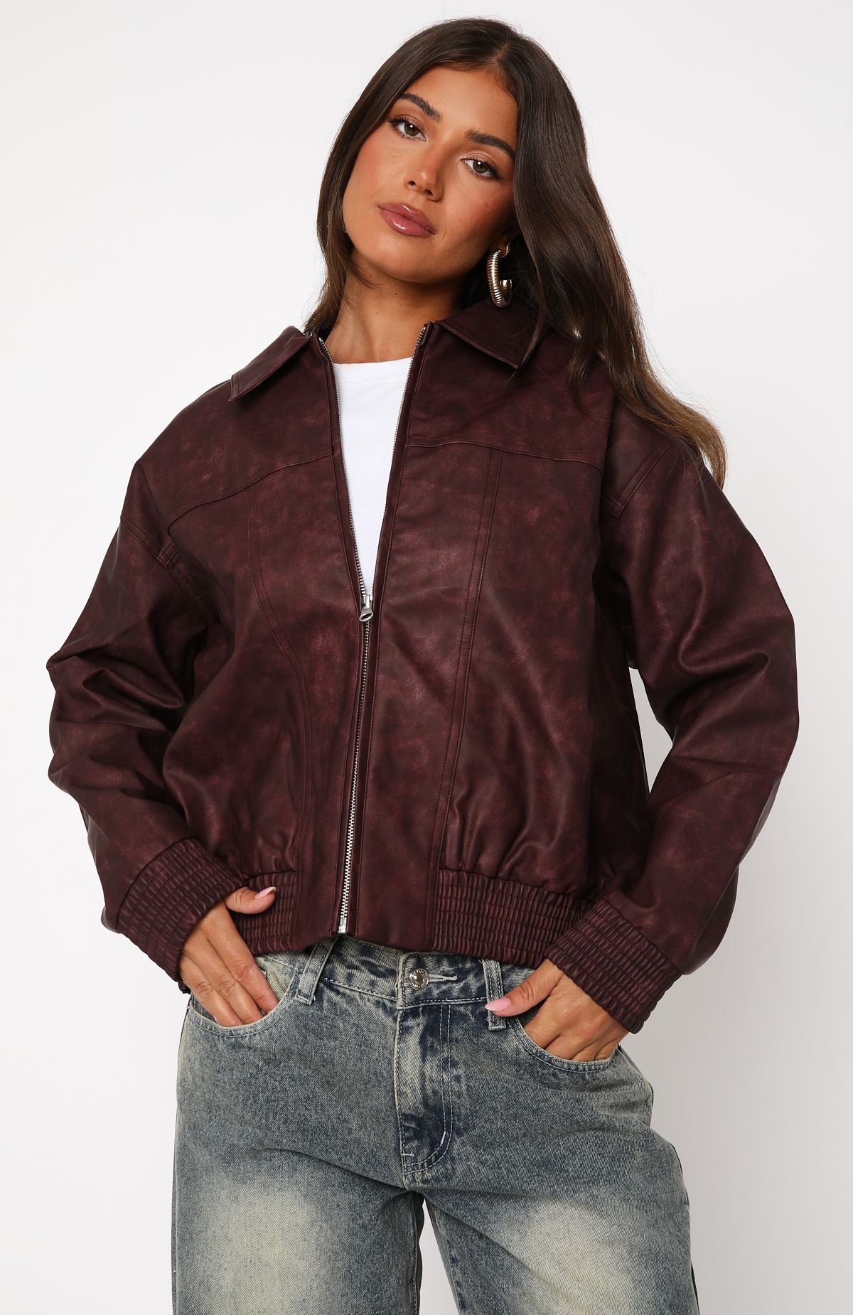 Make Things Right PU Bomber Jacket Plum - Image 2