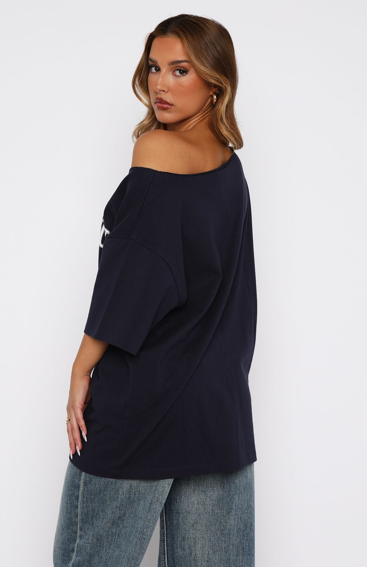 Everything In Time Off Shoulder Oversized Tee Navy - Image 4