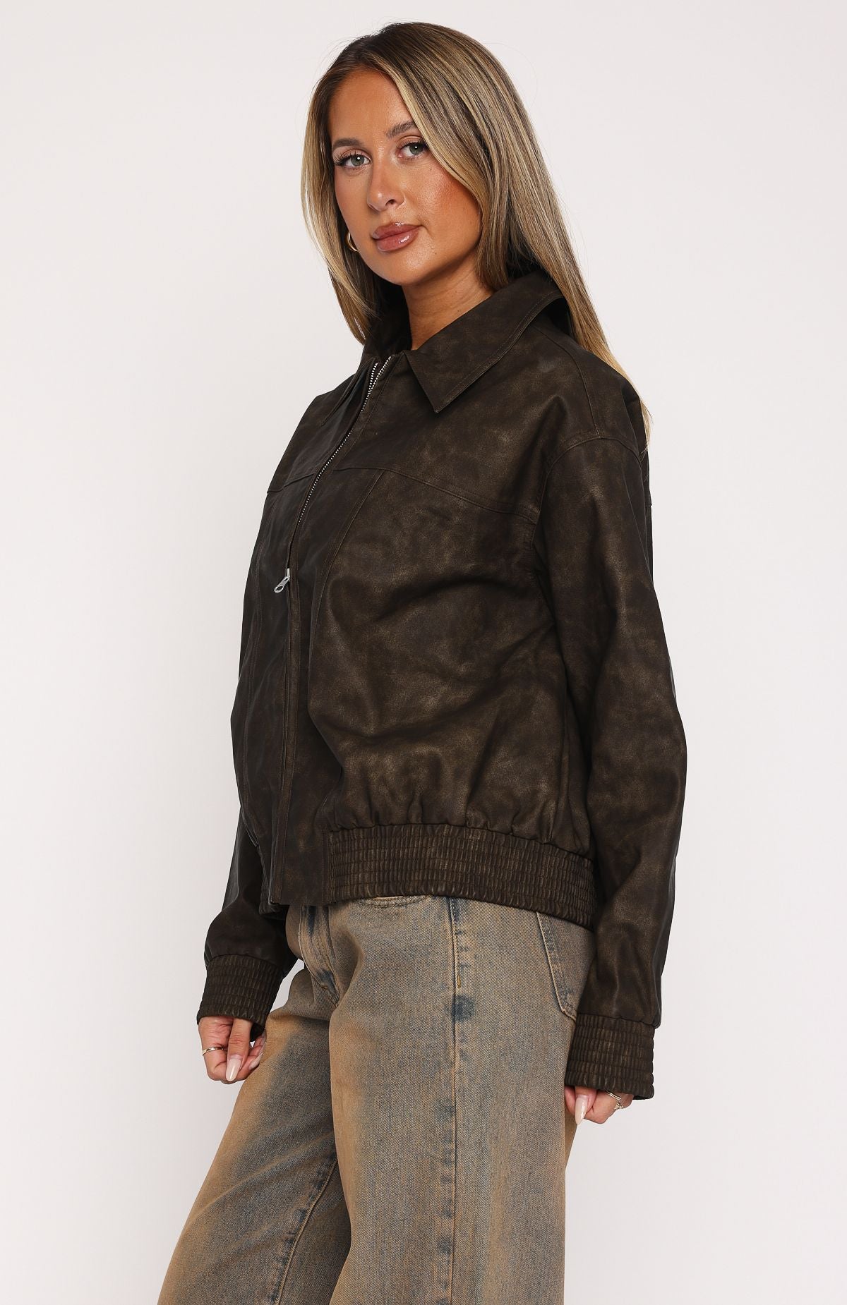 Make Things Right PU Bomber Jacket Chocolate - Image 3