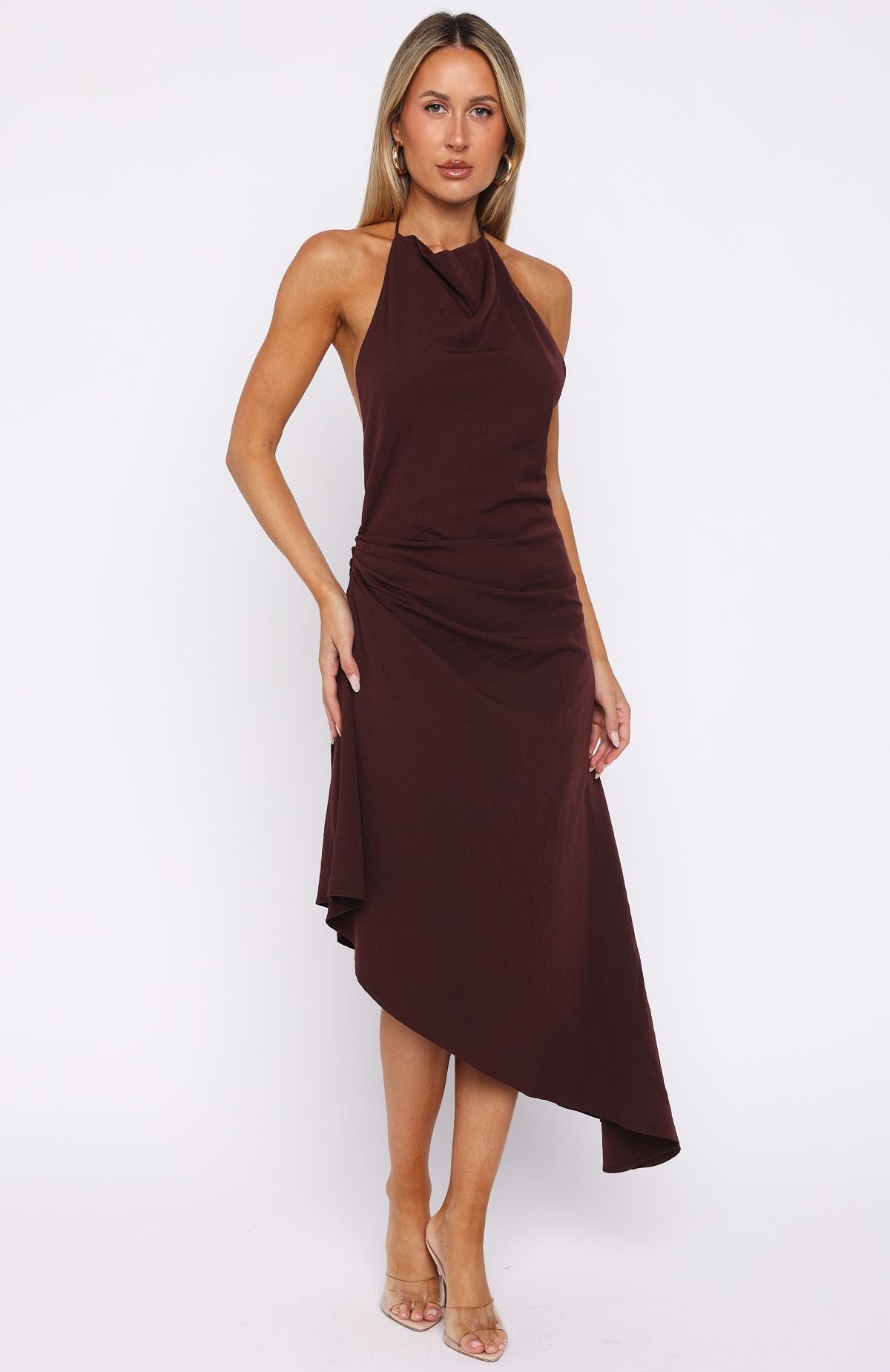 Night Hustle Halter Midi Dress Burgundy - Image 3