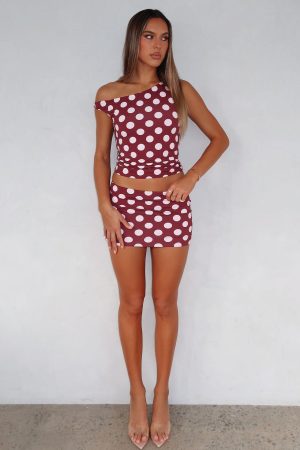 Late Nights Mini Skirt Burgundy Polka Dot