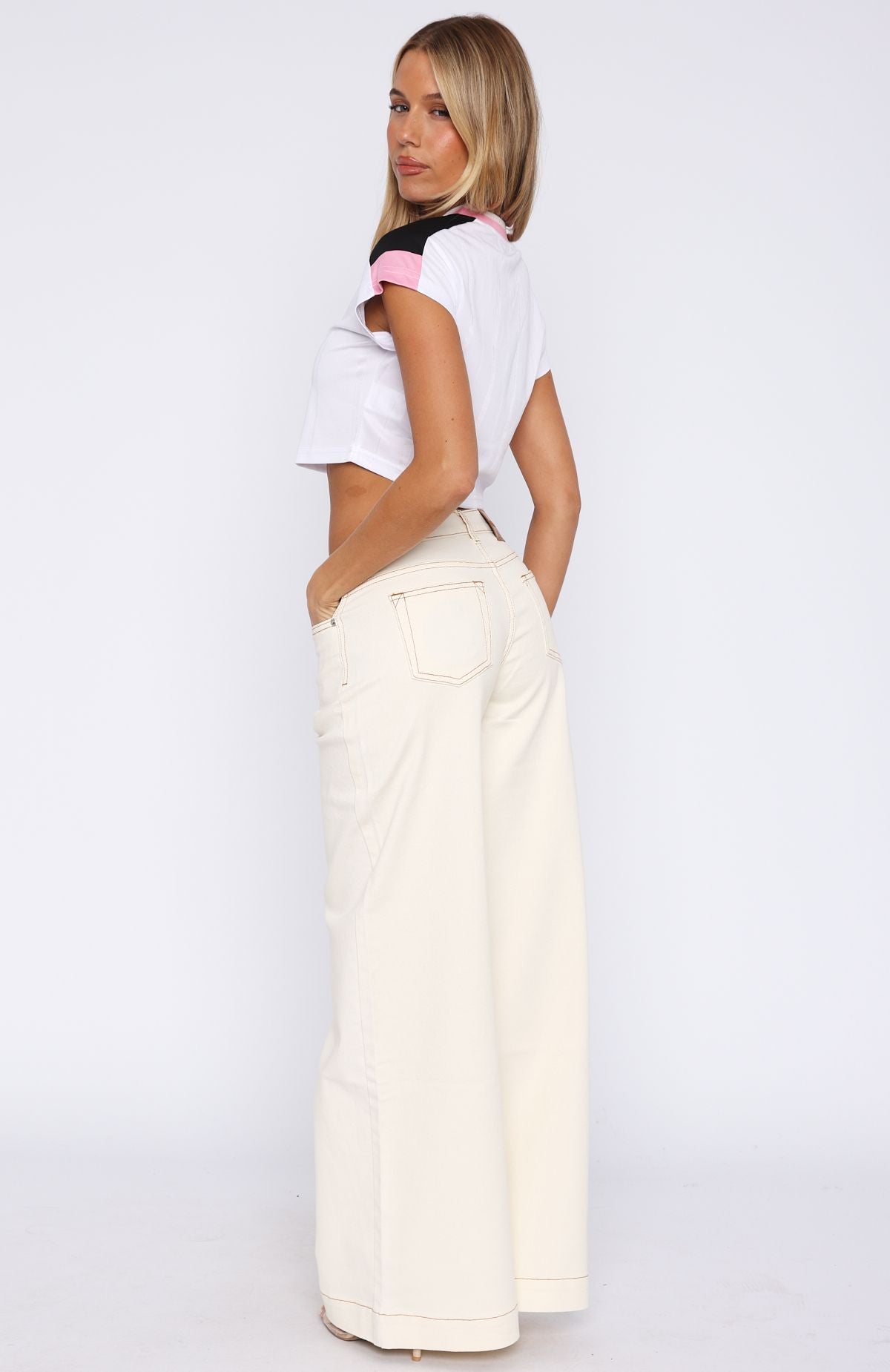 Elena Low Rise Wide Leg Jeans Cream - Image 4