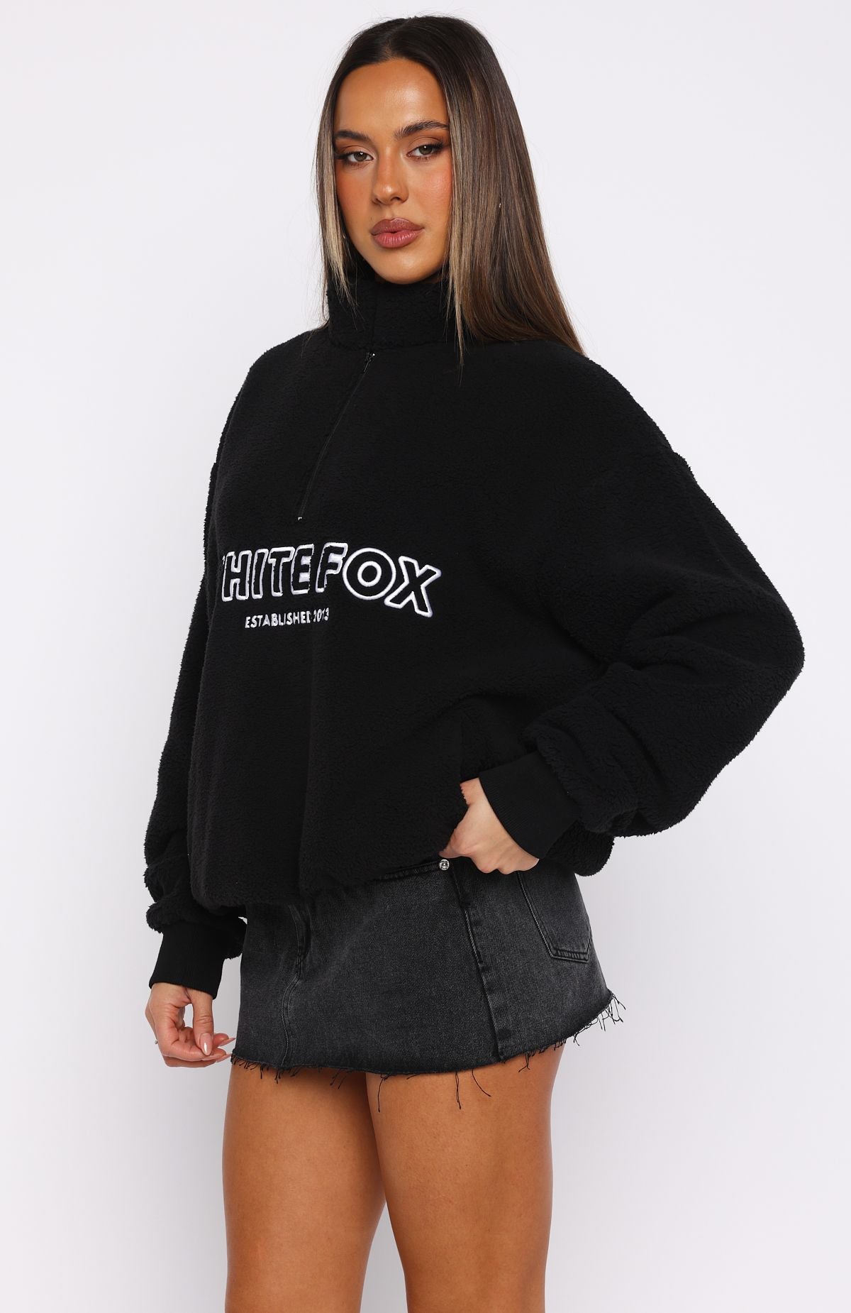 Hard To Stay Focused Teddy Borg Zip Front Sweater Black - Image 4