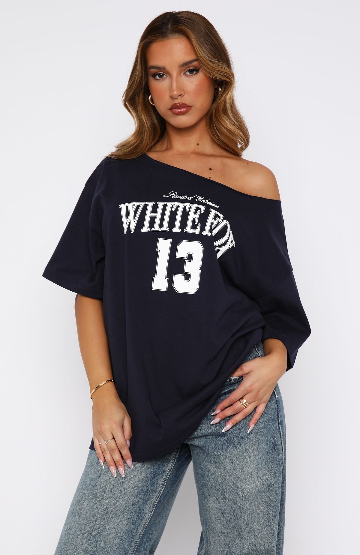 Everything In Time Off Shoulder Oversized Tee Navy - Image 2