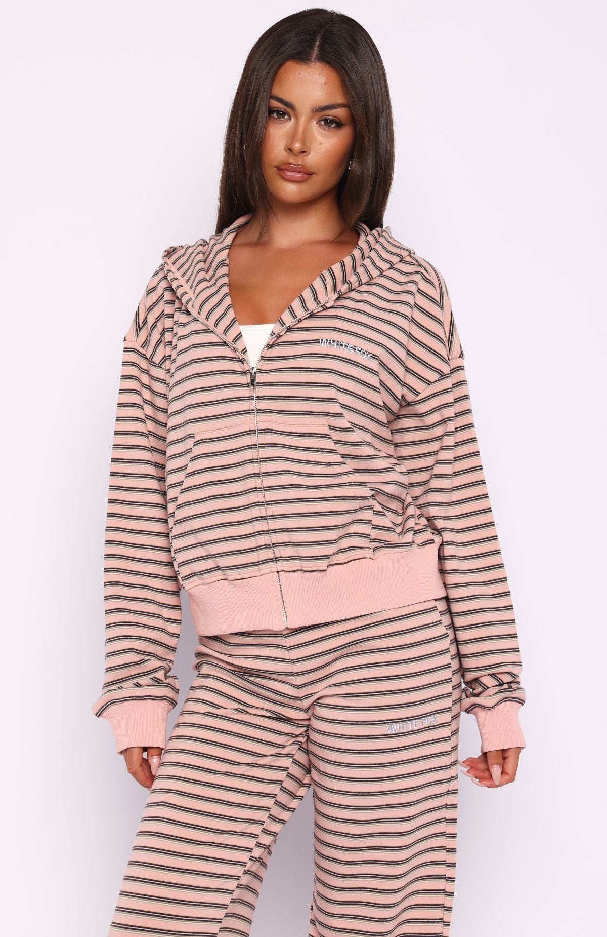 Looking Back Boxy Zip Front Hoodie Pink Stripe - Image 3