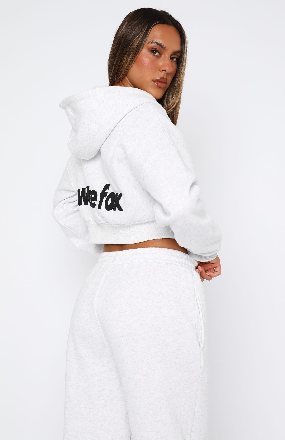From The Archives Charli Cropped Zip Front Hoodie Grey Marle - Image 5
