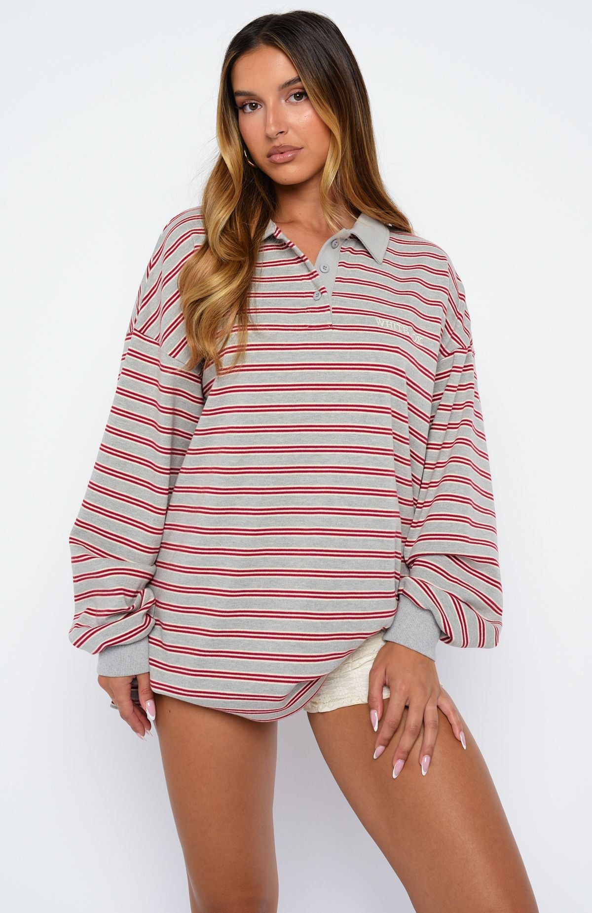 Out Again Long Sleeve Rugby Shirt Dark Grey Marle/Burgundy Stripe - Image 2