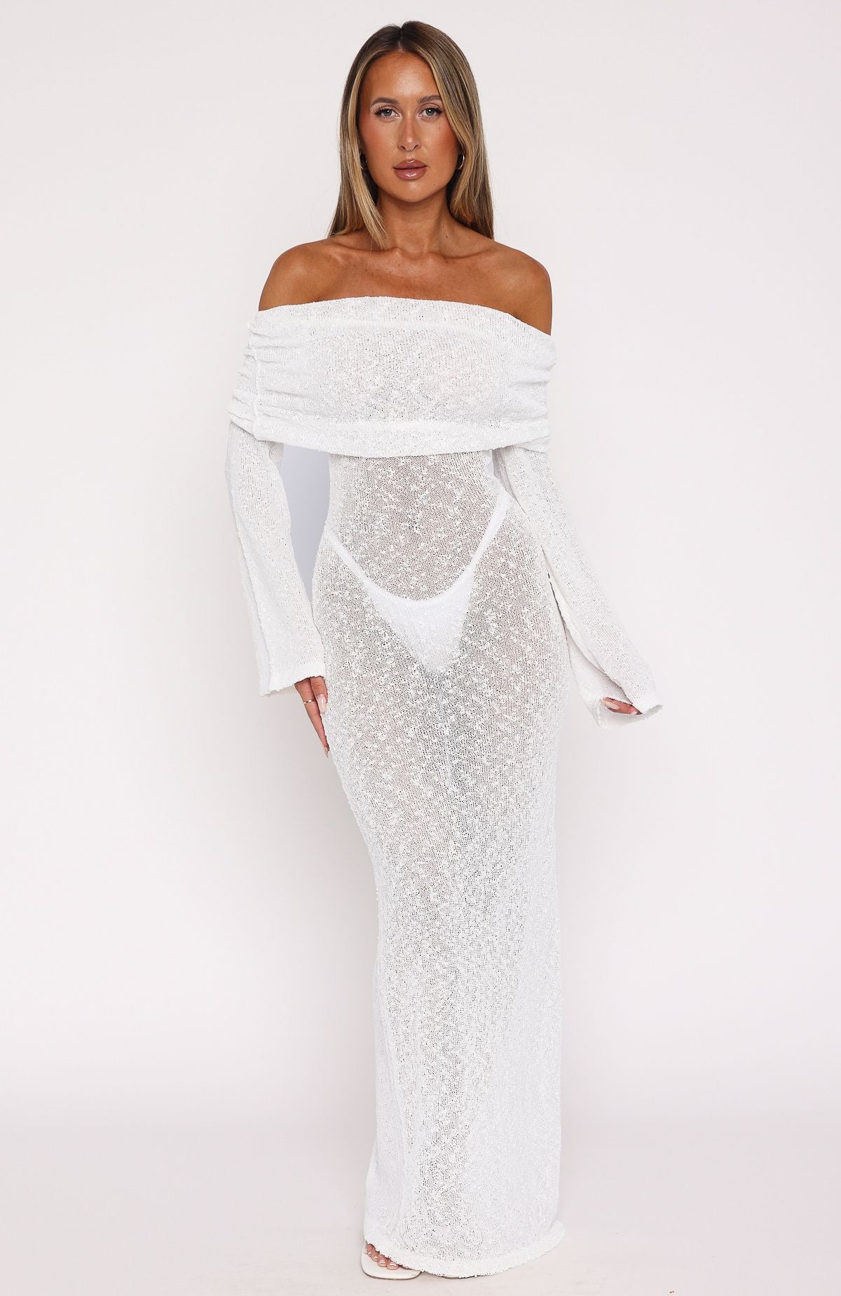 Made It Out Long Sleeve Boucle Maxi Dress White - Image 2