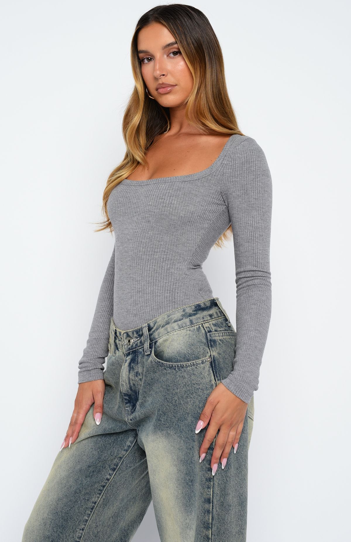 Easy Weekend Ribbed Long Sleeve Bodysuit Grey - Image 5