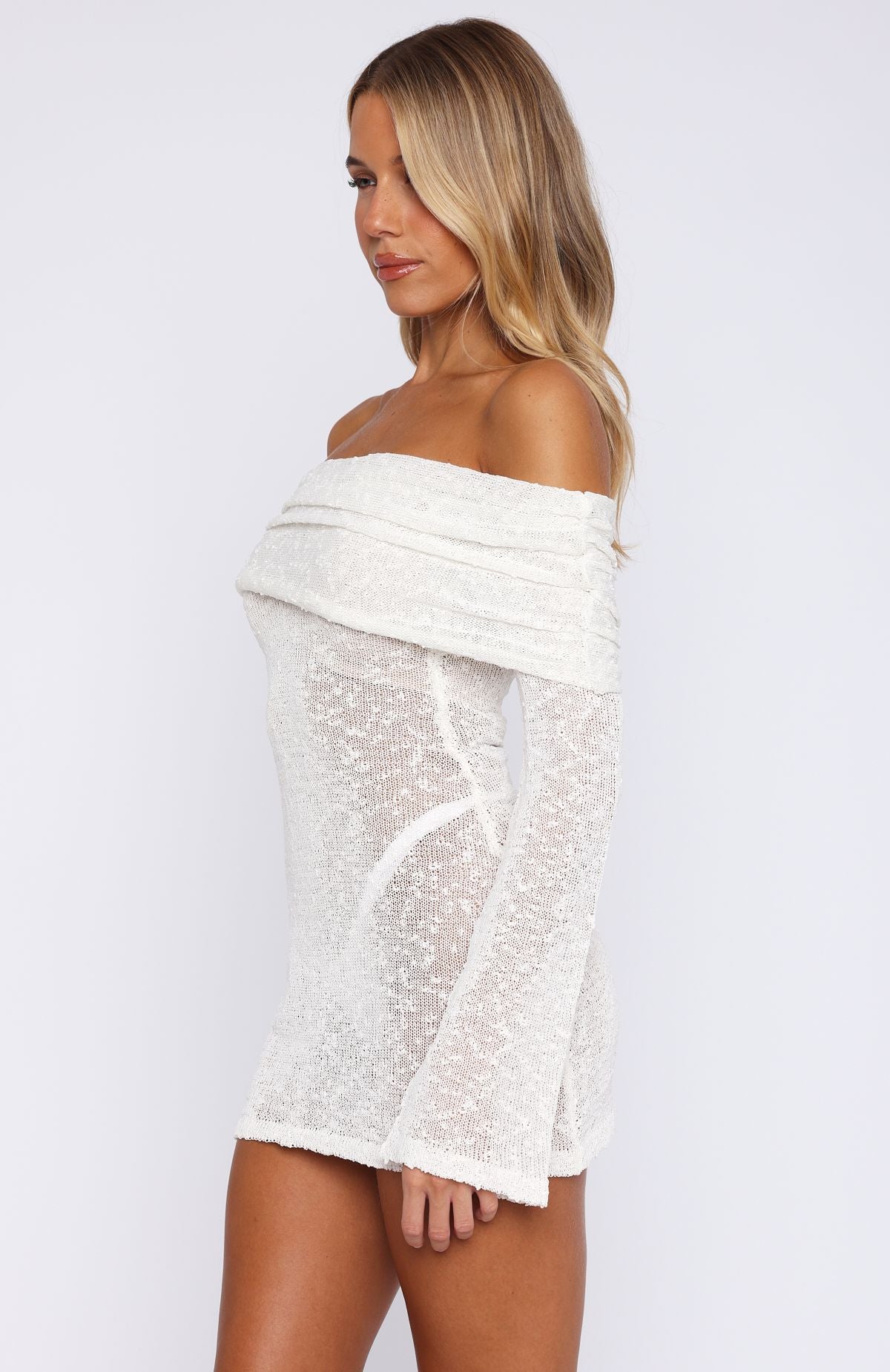 Can't Leave Me Long Sleeve Boucle Mini Dress White - Image 3