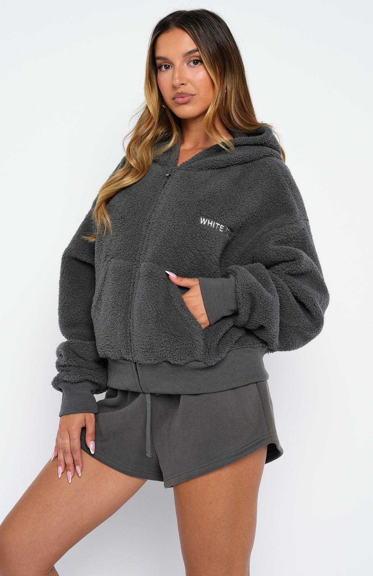 Always First Teddy Borg Boxy Zip Front Hoodie Charcoal - Image 3