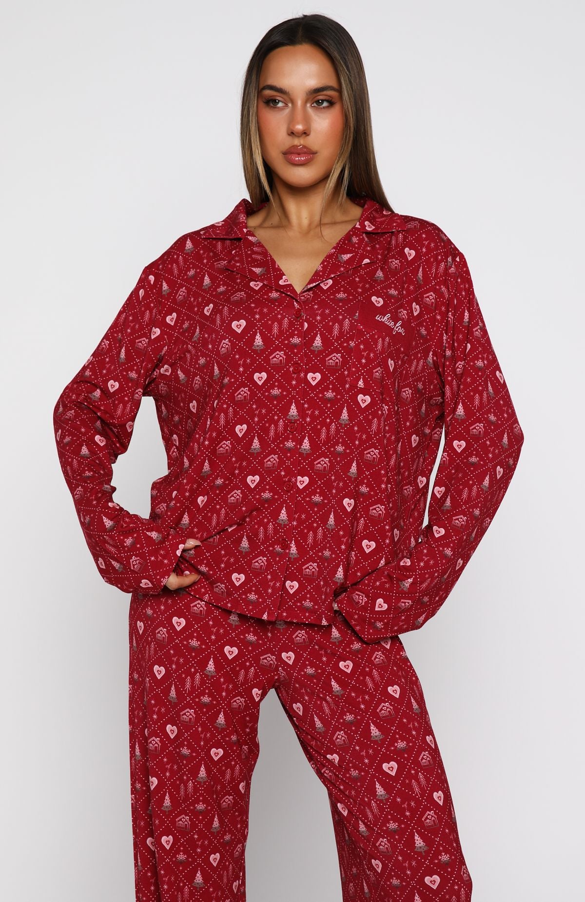 Pillow Talk Printed Long Sleeve Pyjama Set Cherry Noel - Image 5