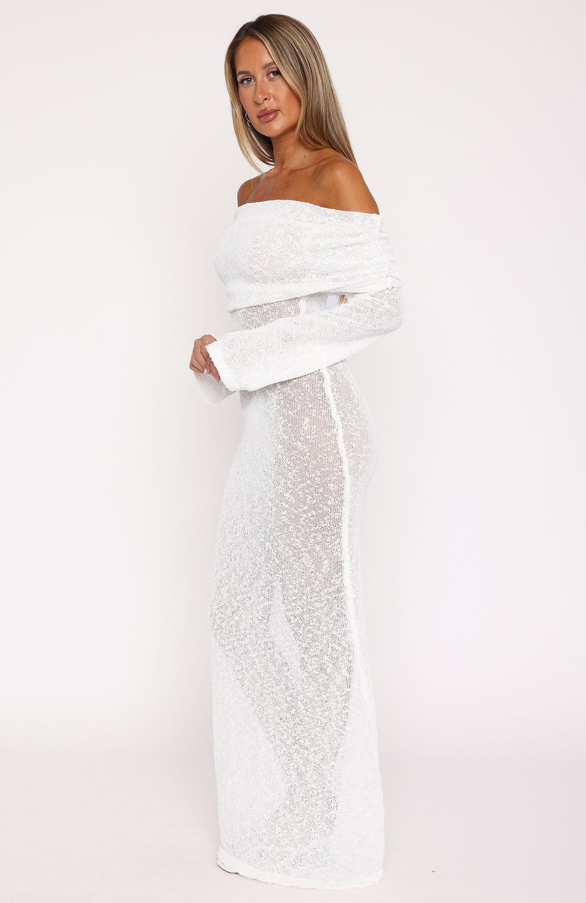 Made It Out Long Sleeve Boucle Maxi Dress White - Image 3