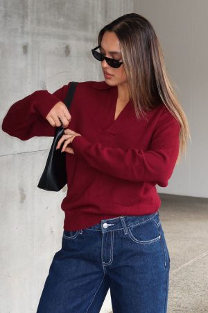 Must Be You Knitted Polo Sweater Burgundy