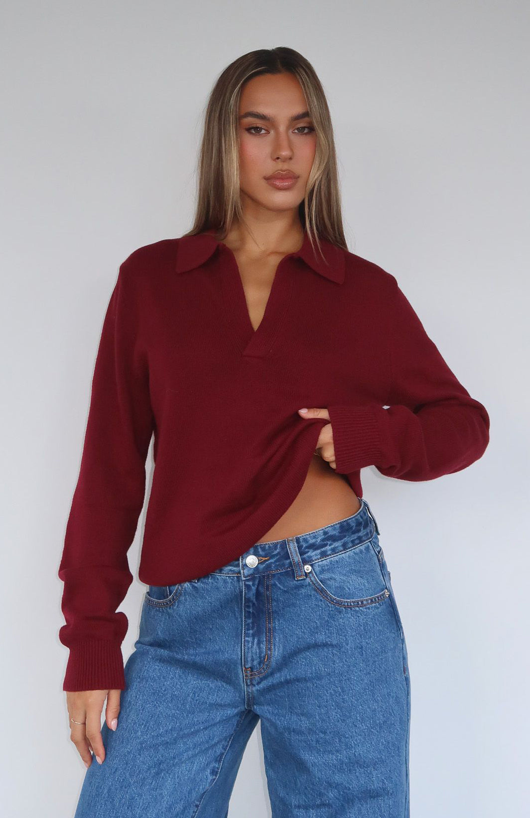 Must Be You Knitted Polo Sweater Burgundy - Image 5
