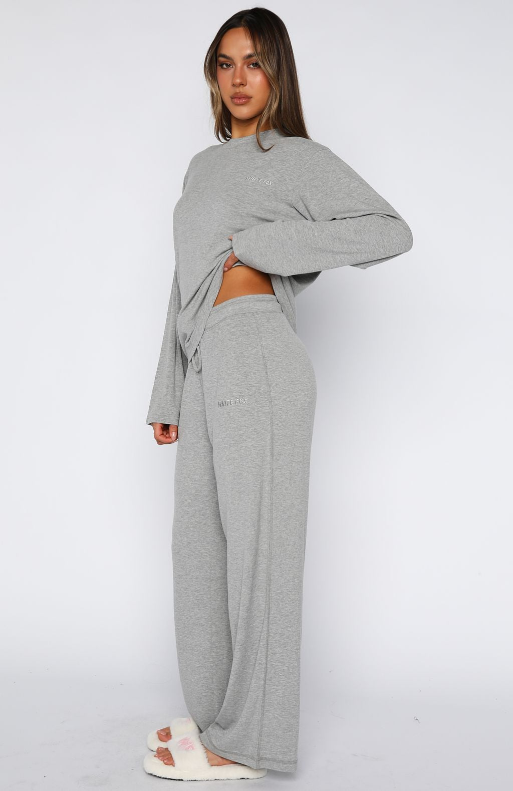 Come A Long Way Soft Lounge Ribbed Wide Leg Pants Grey Marle - Image 4