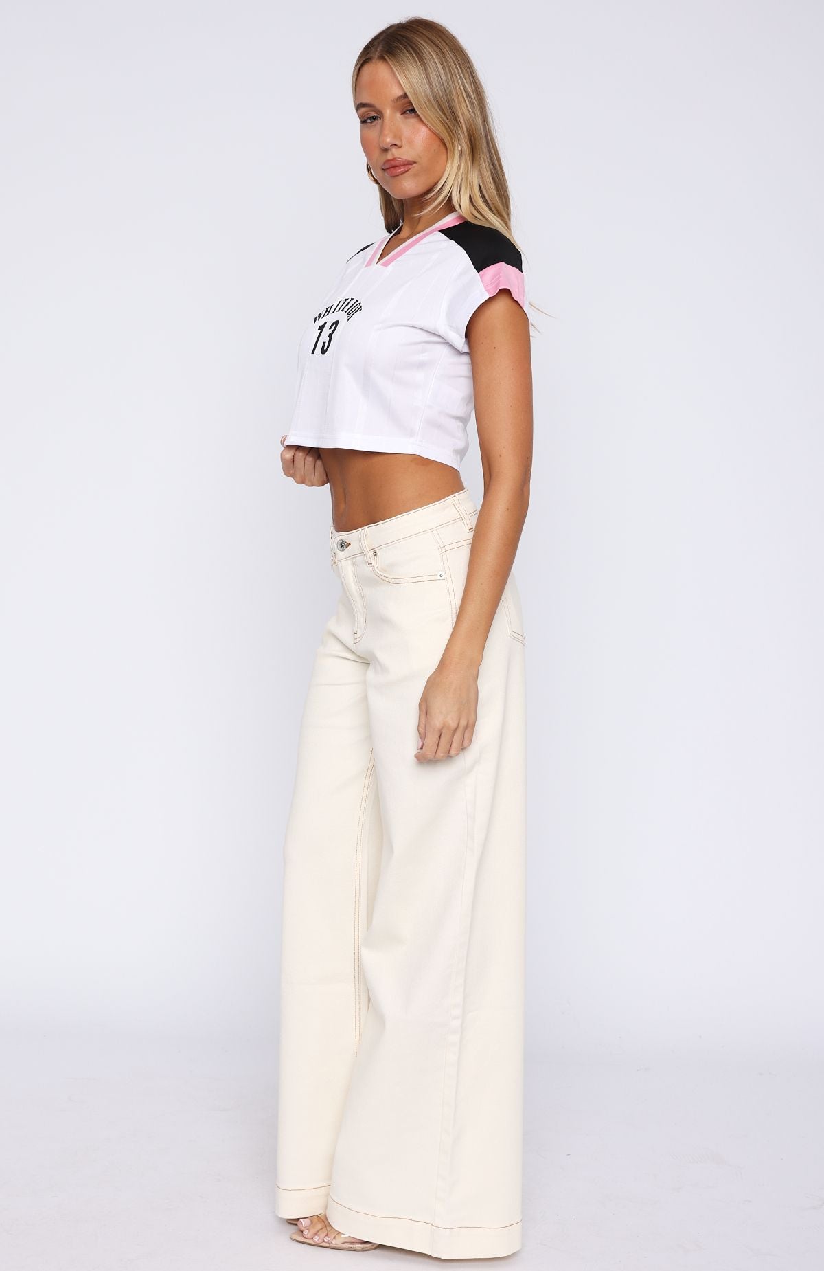 Elena Low Rise Wide Leg Jeans Cream - Image 3