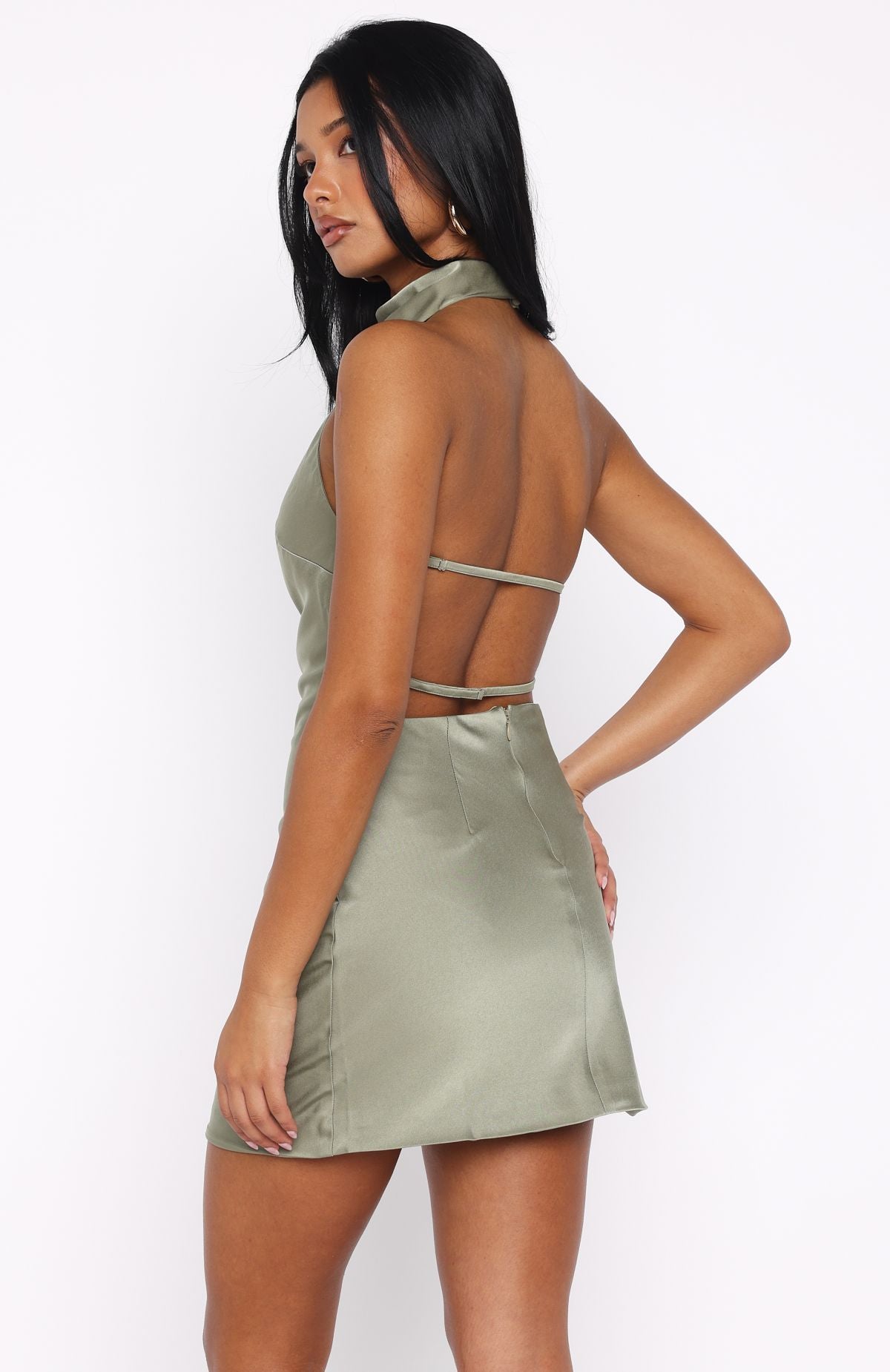Just Small Talk Halter Mini Dress Khaki - Image 5