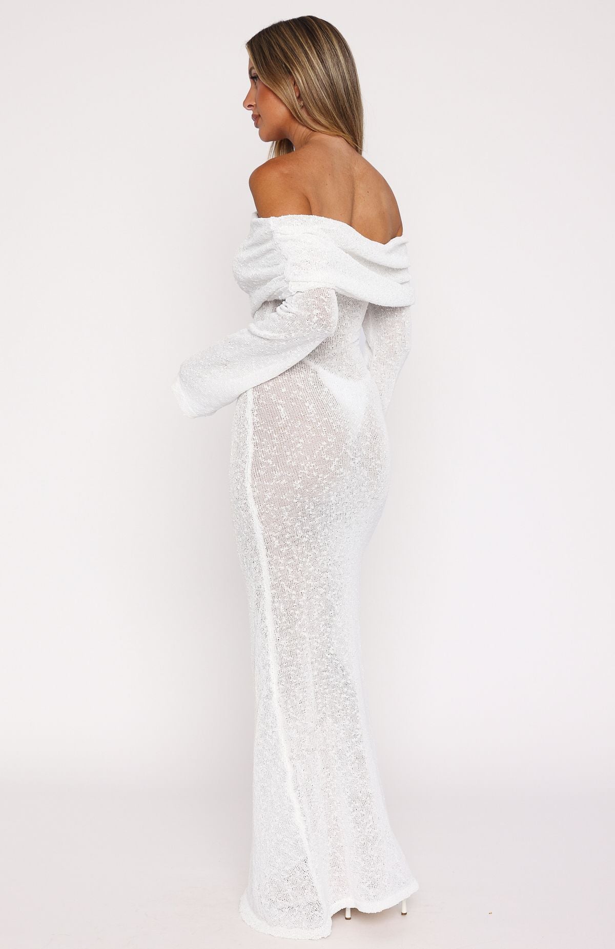 Made It Out Long Sleeve Boucle Maxi Dress White - Image 4