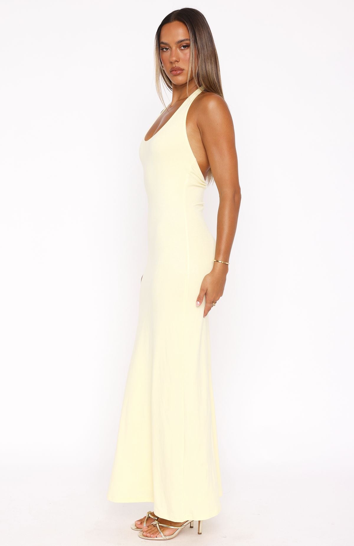 Took A Chance Halter Maxi Dress Lemon - Image 3