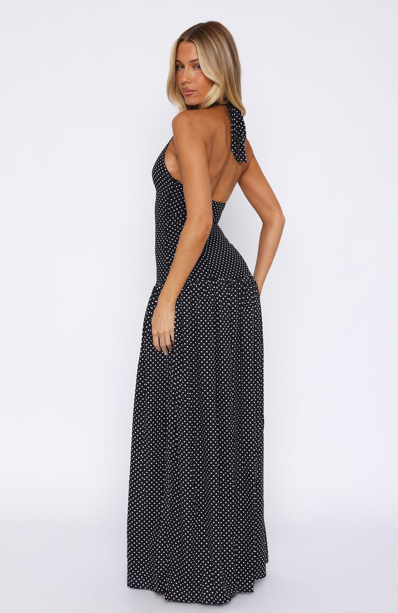 Sweet Temptation Halter Maxi Dress Black/ White Polka Dot - Image 4