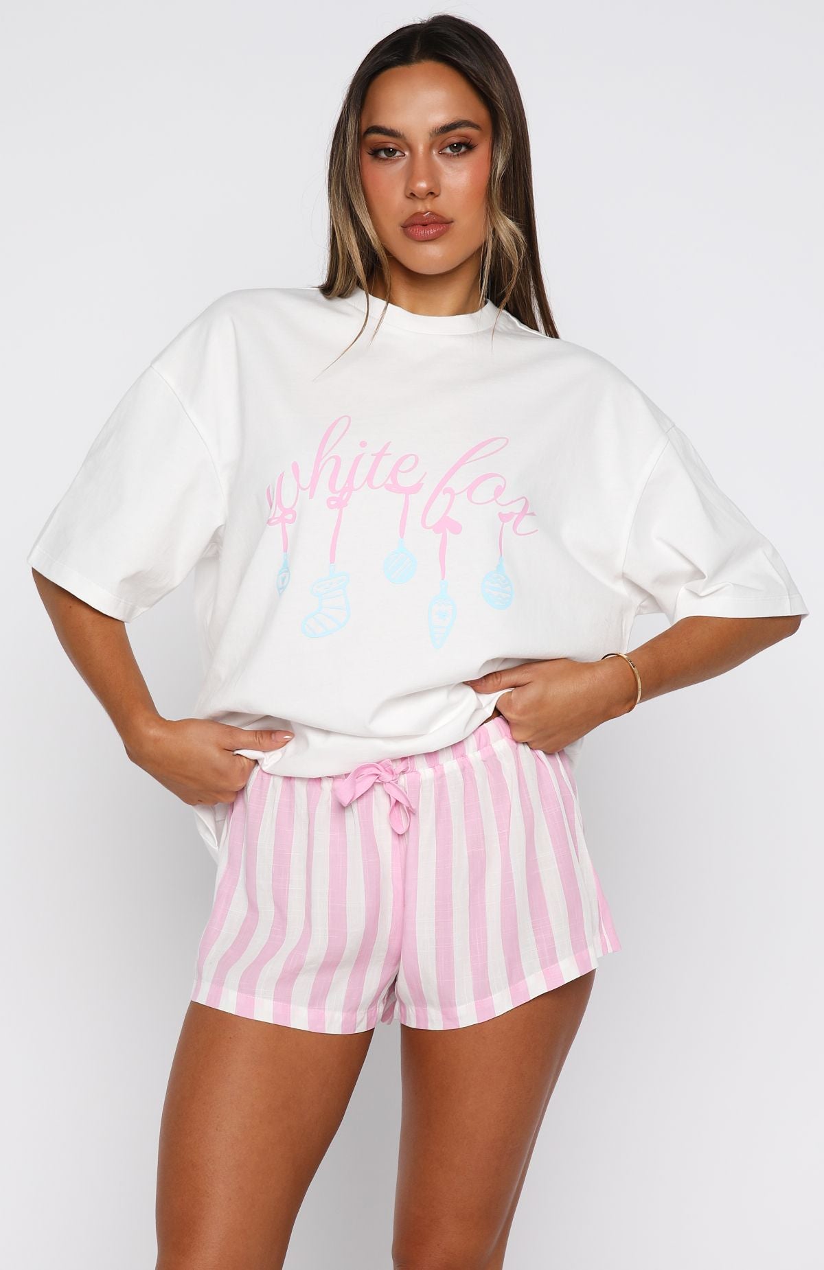 Silly Season Pyjama Shorts Pink/White Stripe - Image 2