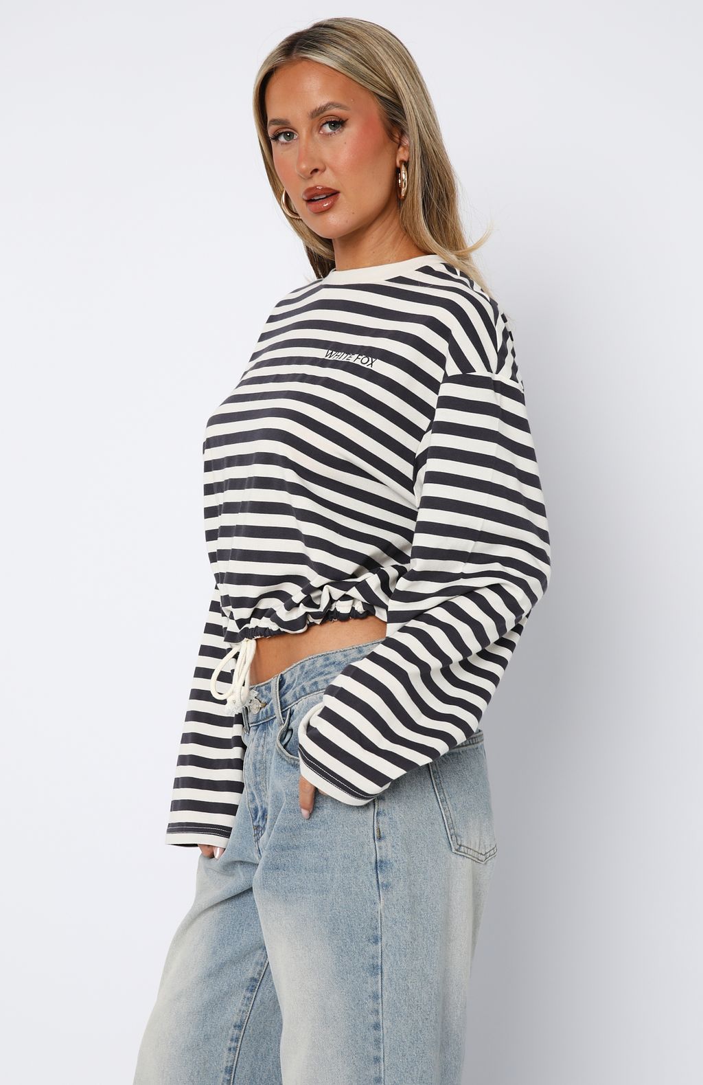 First Time Here Long Sleeve Tee Charcoal/Cream Stripe - Image 3