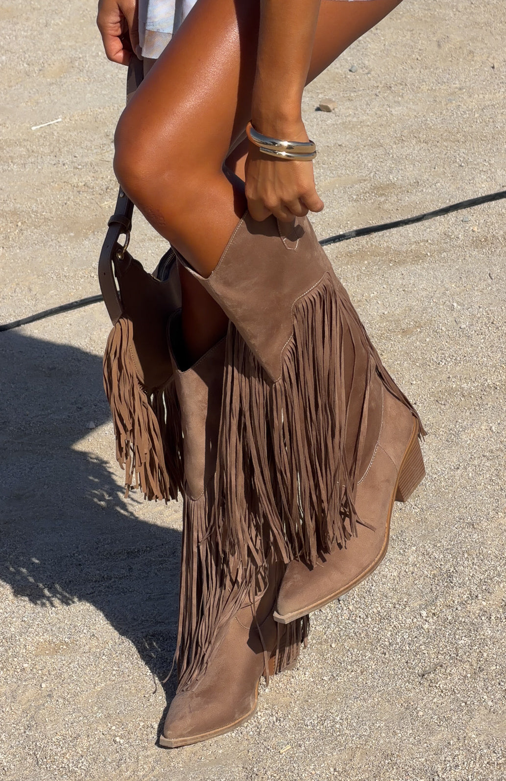 Iniko Cowboy Boot Taupe Faux Suede - Image 5