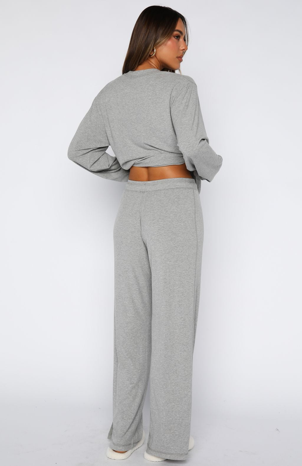 Come A Long Way Soft Lounge Ribbed Wide Leg Pants Grey Marle - Image 5