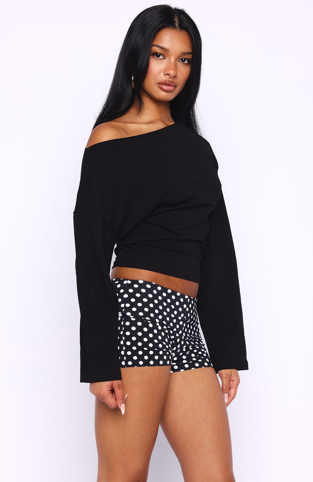 Falling For Him Cinched Waist Off Shoulder Long Sleeve Top Black - Image 4