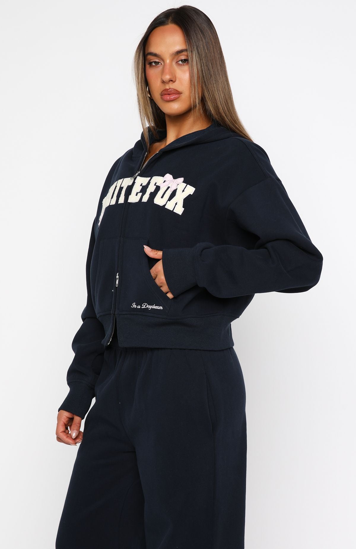Daydreamers Madeline Boxy Zip Front Hoodie Navy - Image 3