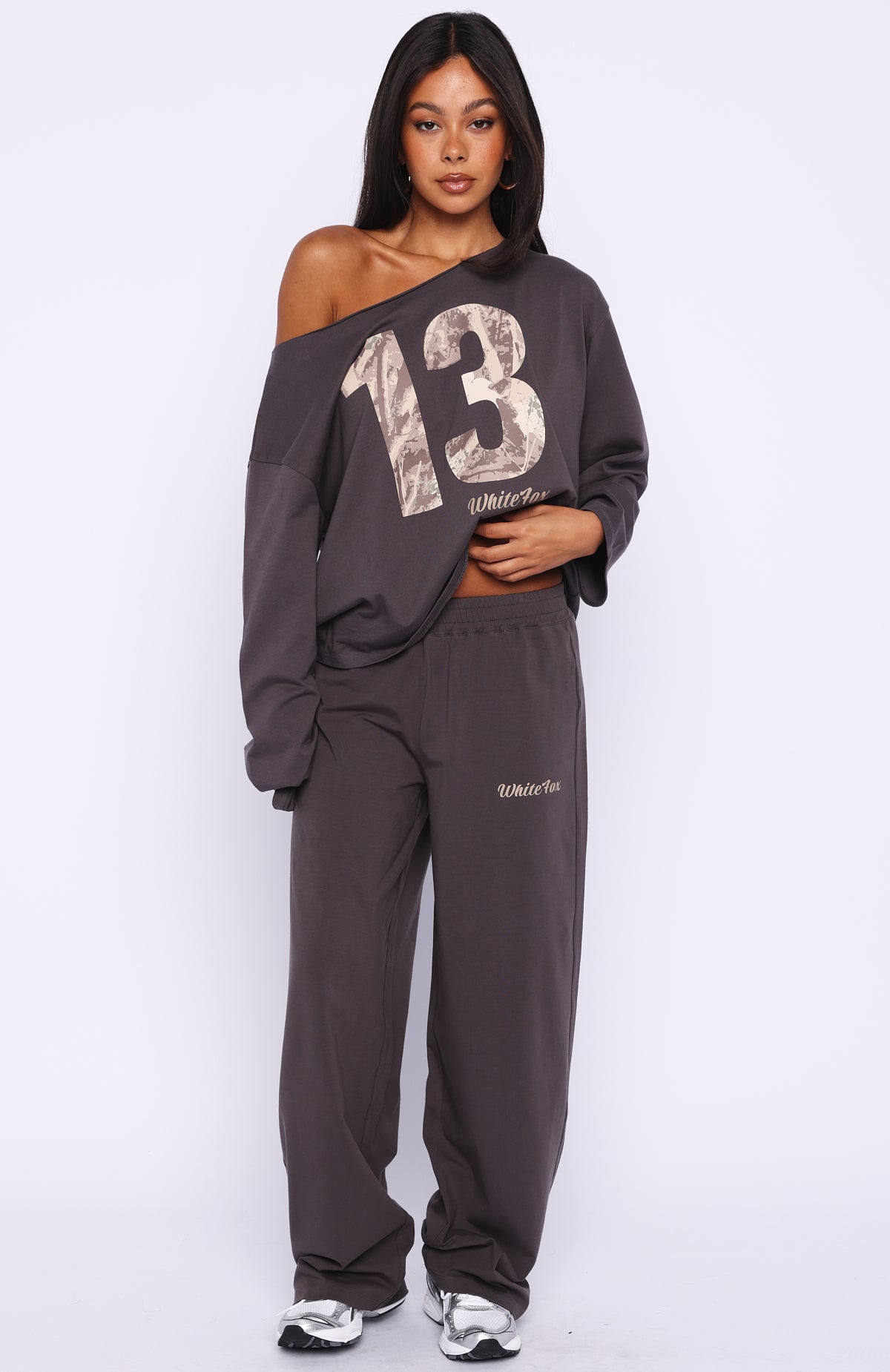 All A Dream Off Shoulder Oversized Long Sleeve Tee Charcoal - Image 5