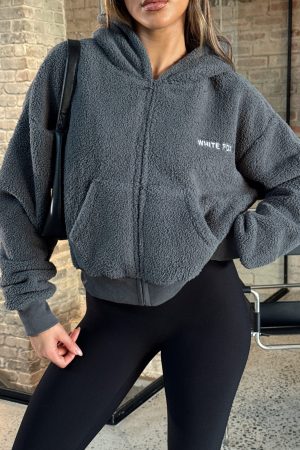 Always First Teddy Borg Boxy Zip Front Hoodie Charcoal