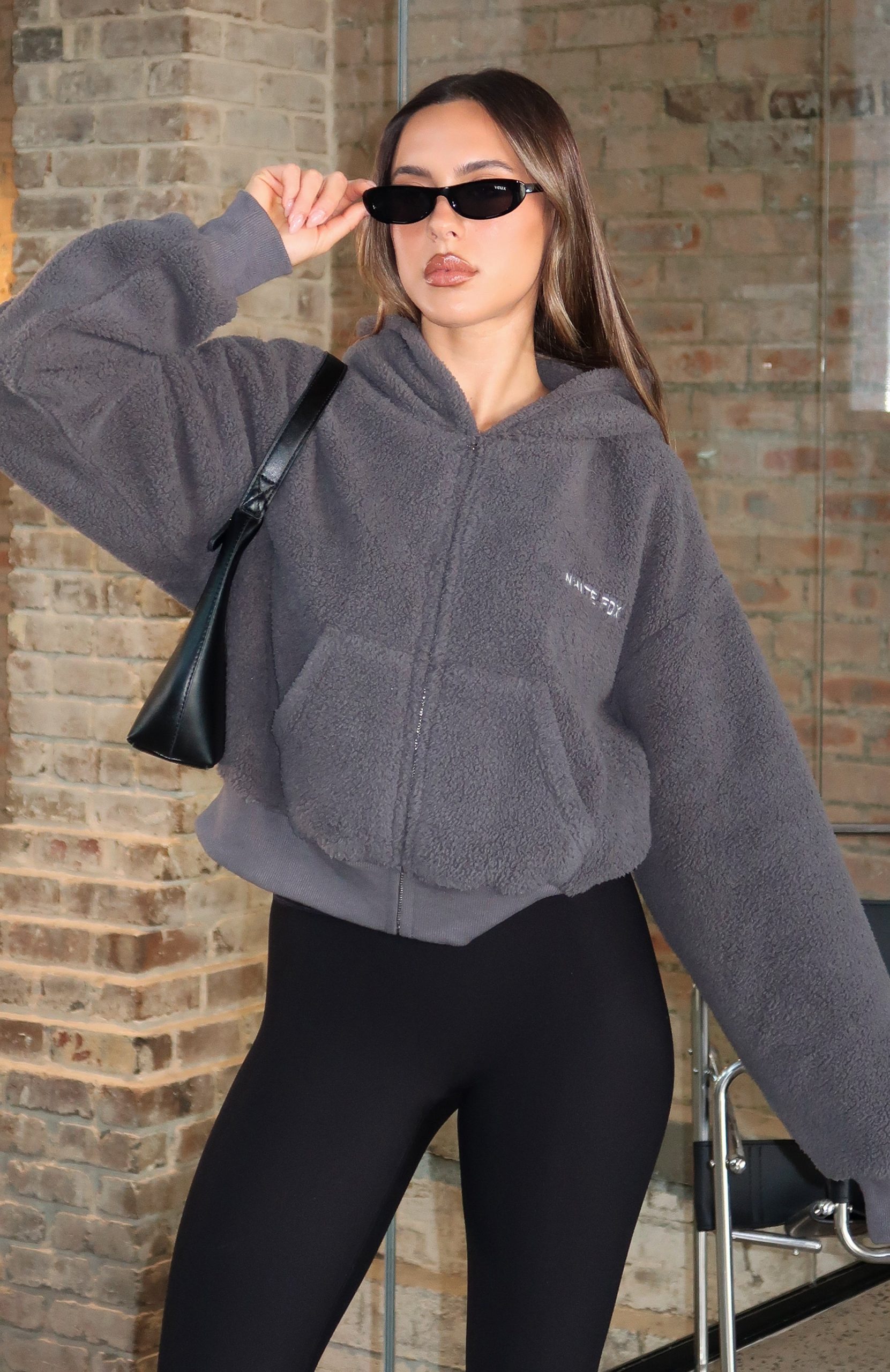 Always First Teddy Borg Boxy Zip Front Hoodie Charcoal - Image 5