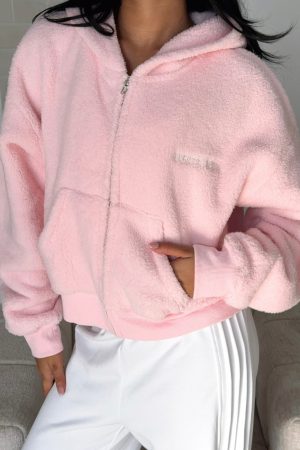 Always First Teddy Borg Boxy Zip Front Hoodie Pink
