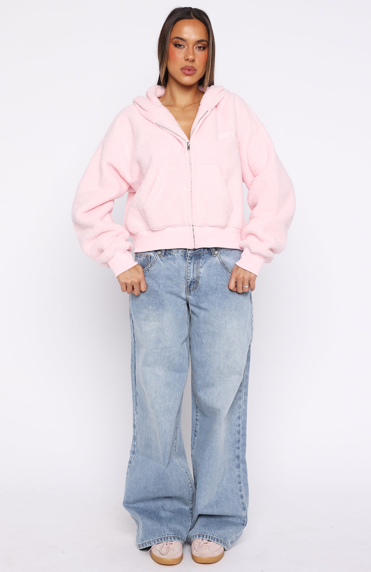 Always First Teddy Borg Boxy Zip Front Hoodie Pink - Image 6