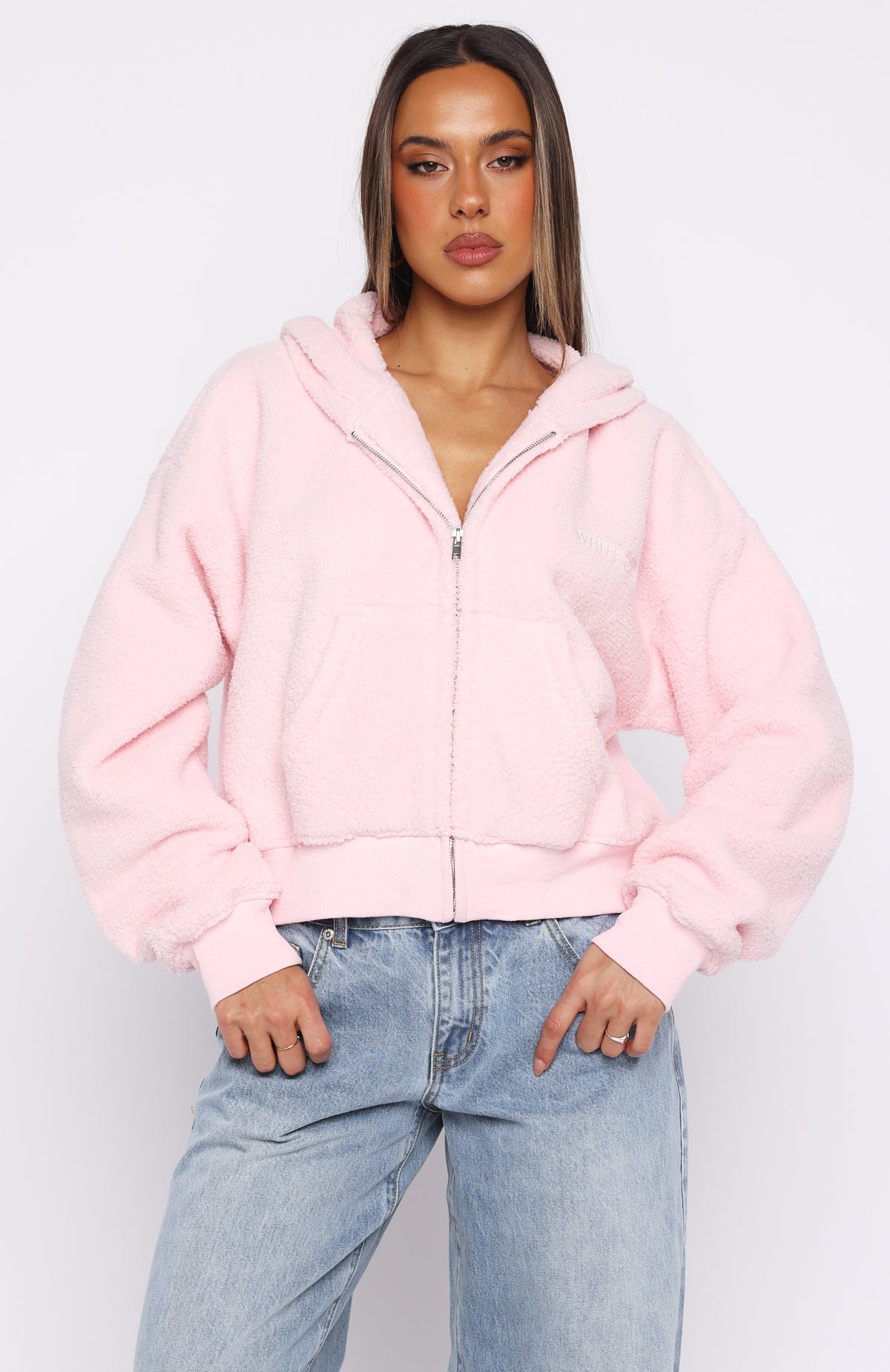 Always First Teddy Borg Boxy Zip Front Hoodie Pink - Image 3