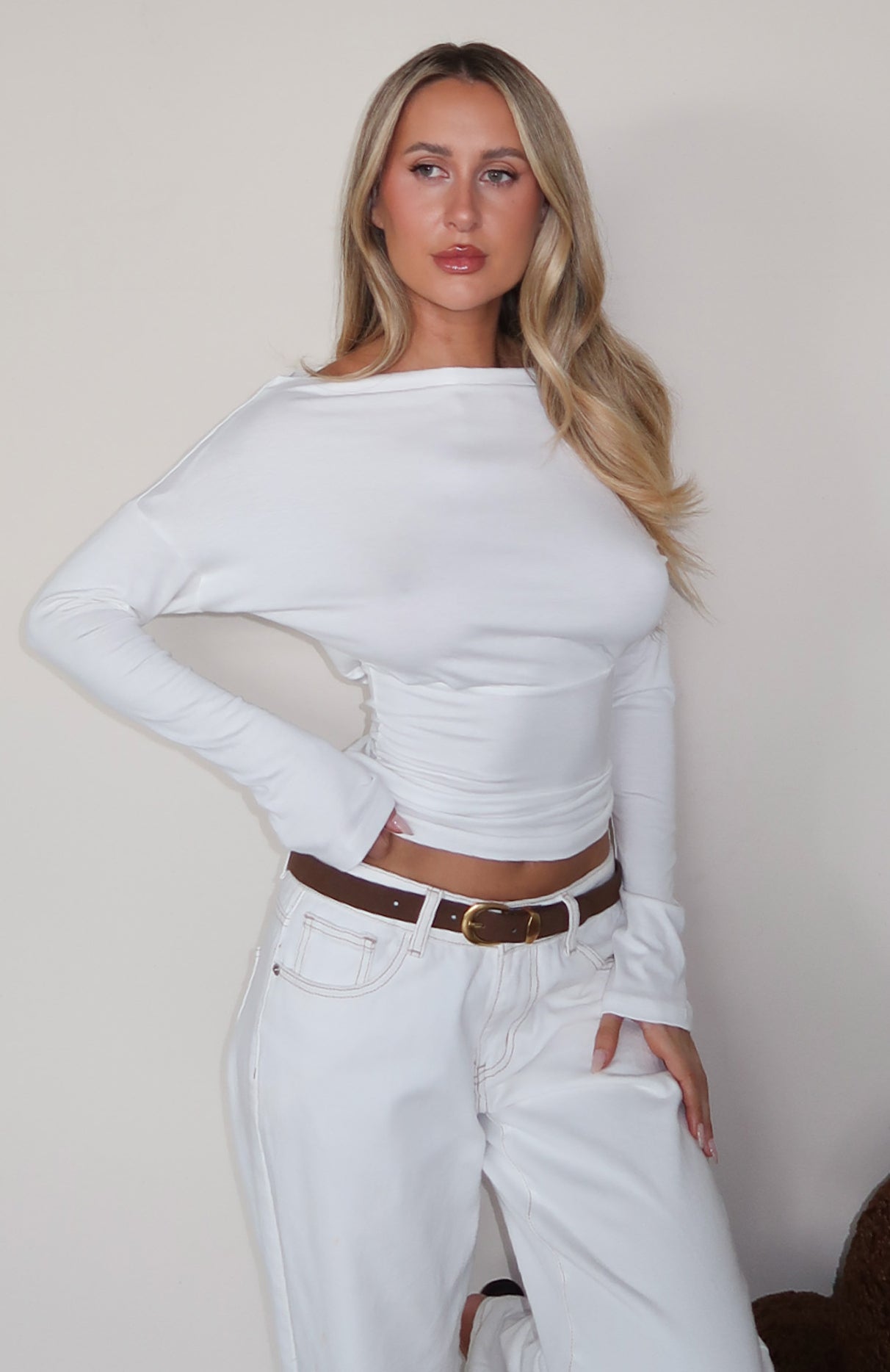 Another Time Cinched Waist Long Sleeve Top White - Image 5