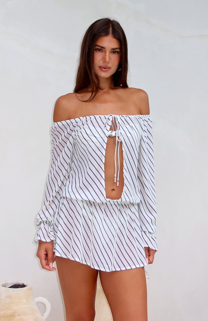Back To Shore Long Sleeve Mini Dress Cream/Choc Stripe - Image 2