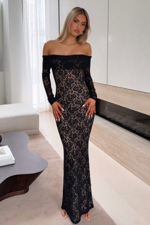 Be My Peace Lace Long Sleeve Maxi Dress Black