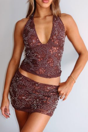 Capri Cove Beaded Mini Skirt Chocolate