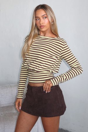 Catch My Heart Cinched Waist Long Sleeve Top Chocolate/Banana Stripe