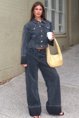 Charlotte Mid Rise Wide Leg Jeans Black Acid