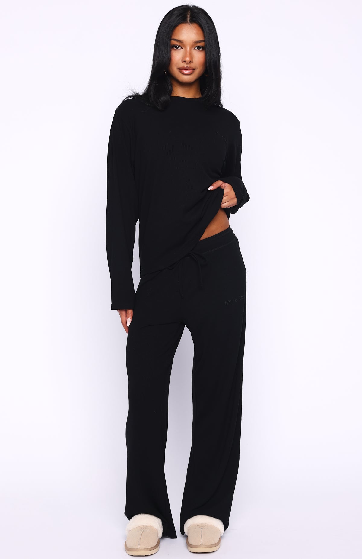 Come A Long Way Soft Lounge Ribbed Wide Leg Pants Black - Image 2