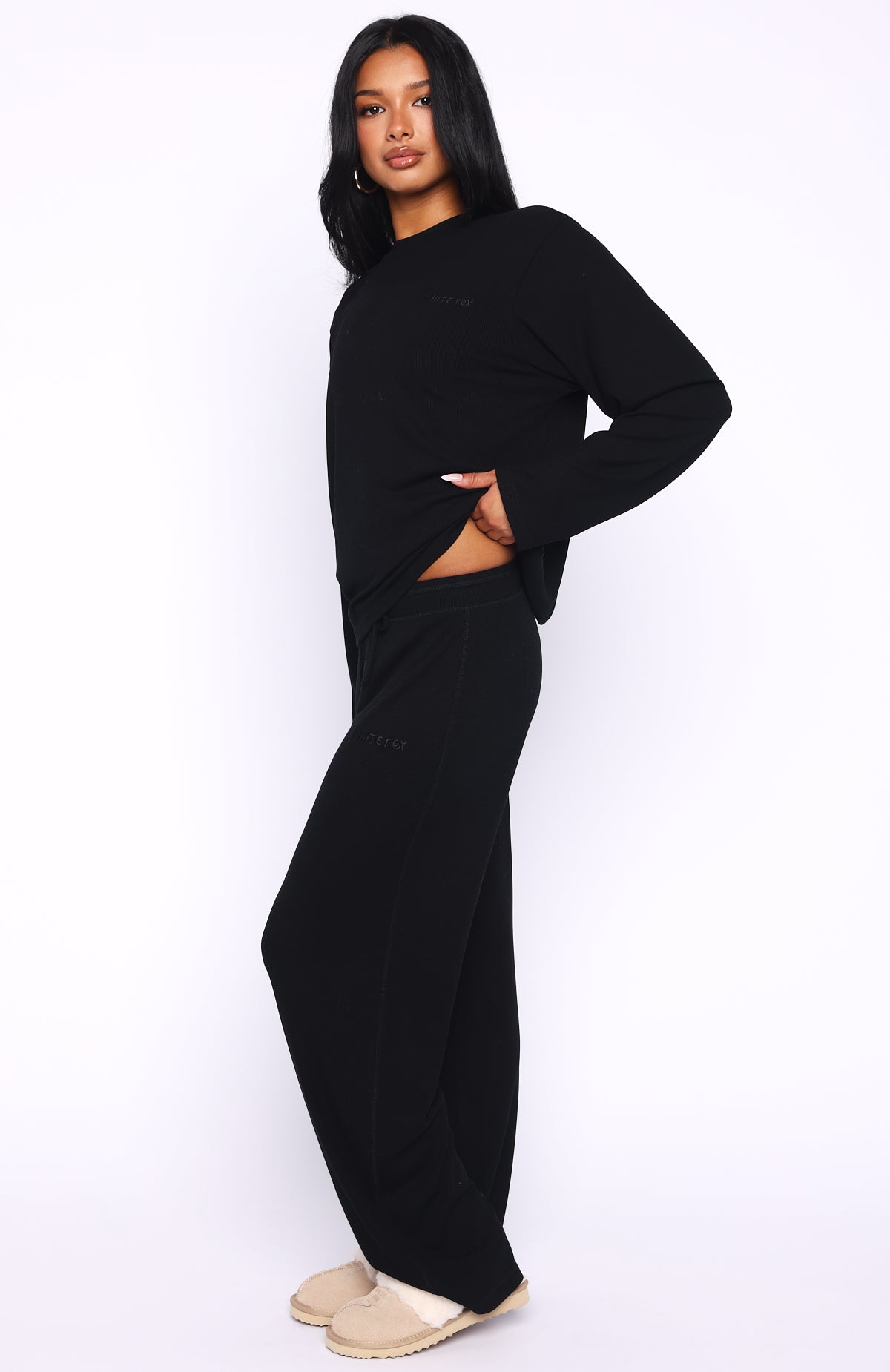 Come A Long Way Soft Lounge Ribbed Wide Leg Pants Black - Image 3