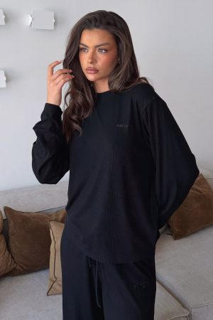 Come A Long Way Soft Lounge Long Sleeve Ribbed Tee Black