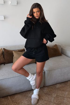 Come A Long Way Soft Lounge Ribbed Shorts Black