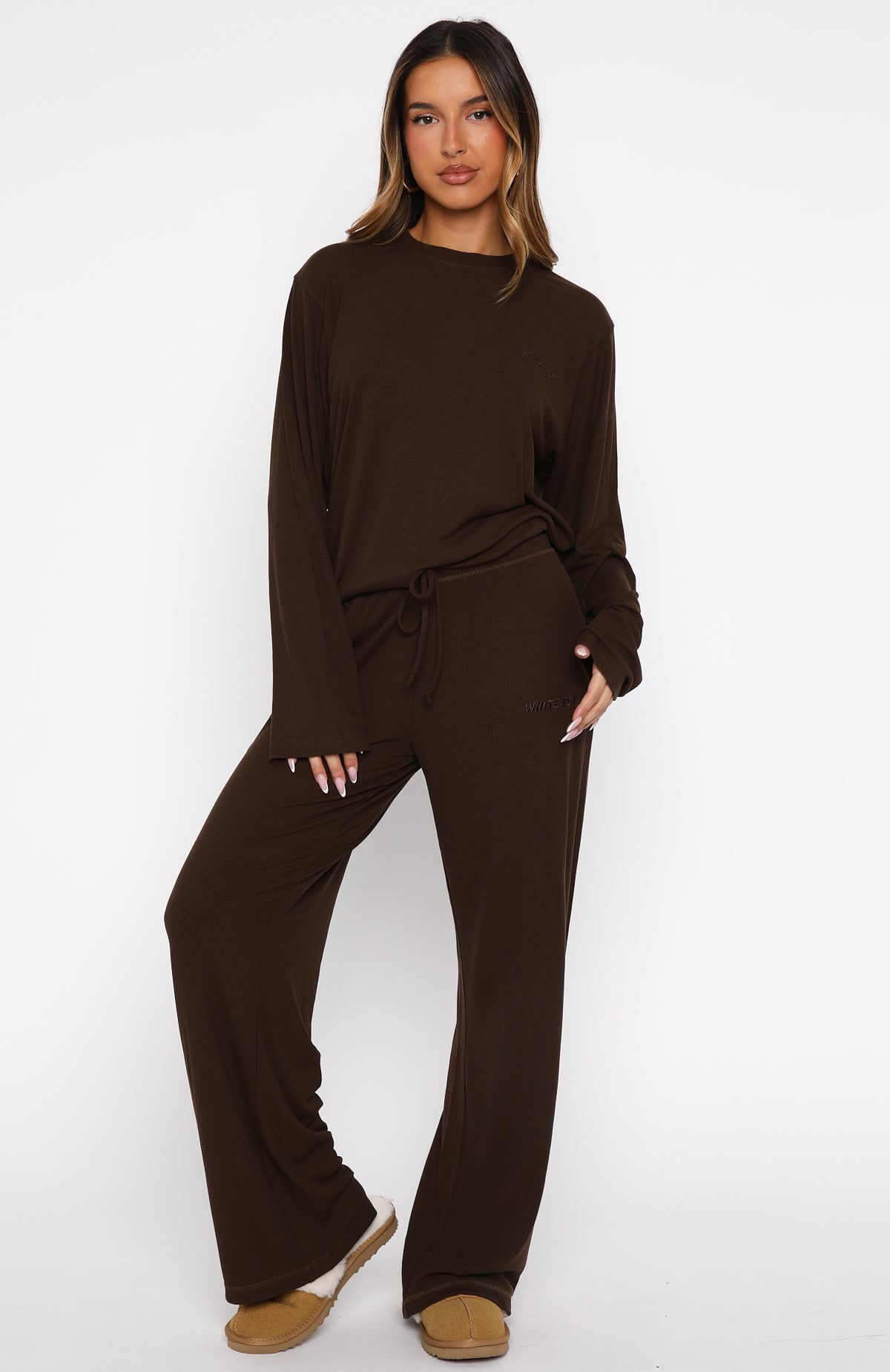 Come A Long Way Soft Lounge Ribbed Wide Leg Pants Chocolate - Image 2