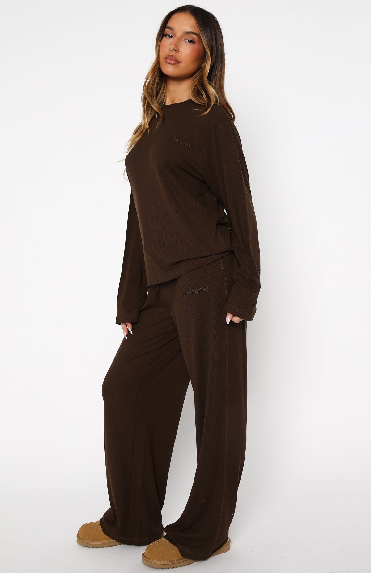 Come A Long Way Soft Lounge Ribbed Wide Leg Pants Chocolate - Image 3