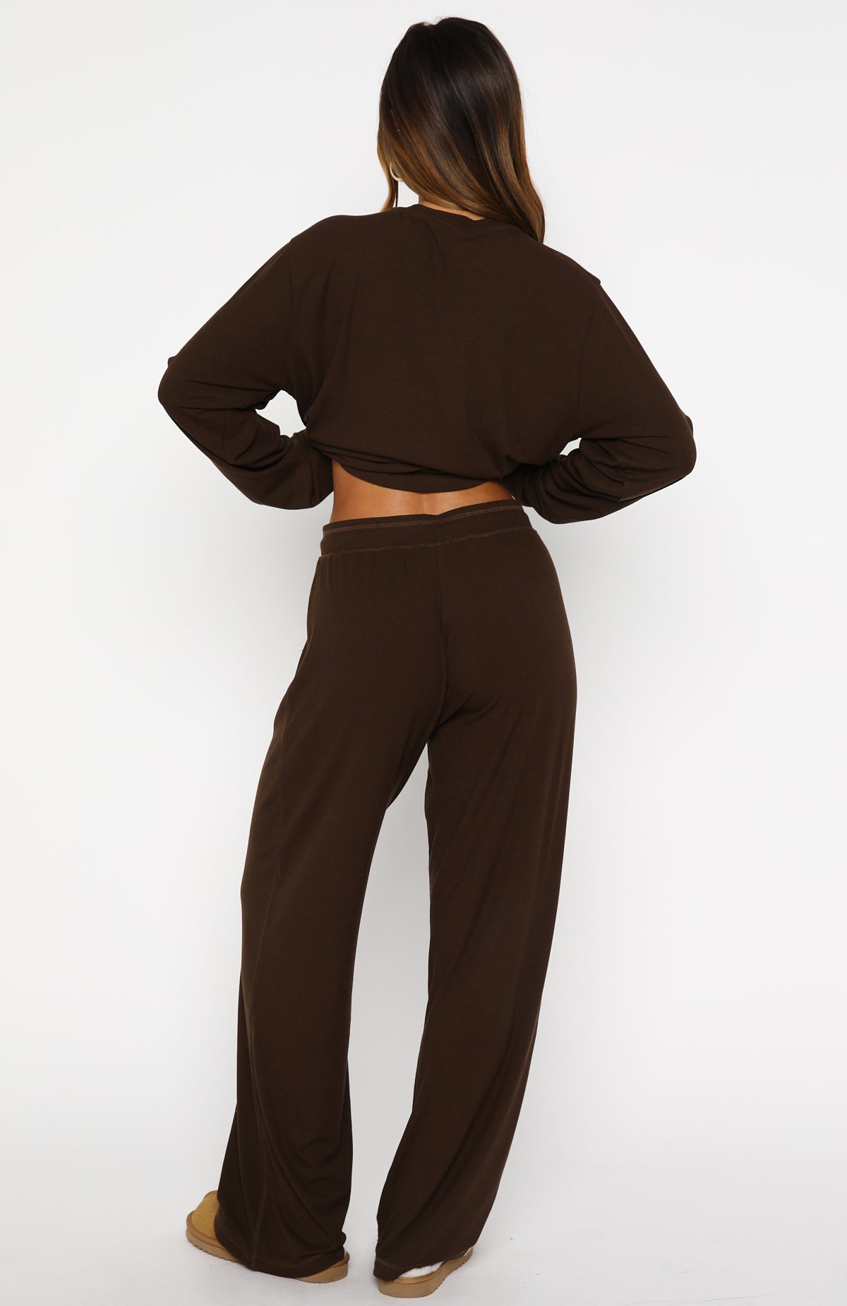 Come A Long Way Soft Lounge Ribbed Wide Leg Pants Chocolate - Image 4